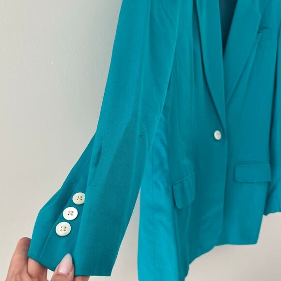 Vintage 1980s David Brooke Teal Rayon & Silk One Button Blazer Size 12 JL - Picture 3 of 10